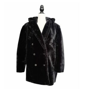 J. Crew Black Faux Fur Double Breasted Pea Coat Women's XL Quiet Luxury NWT